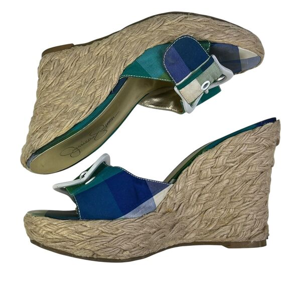 JESSICA SIMPSON Wedge Heels Pink Blue Green Plaid Buckle Open Toe GALVIN Sz 6 B - Picture 6 of 12